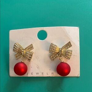 Festive Gold and Red Bow Earrings with Rhinestones
